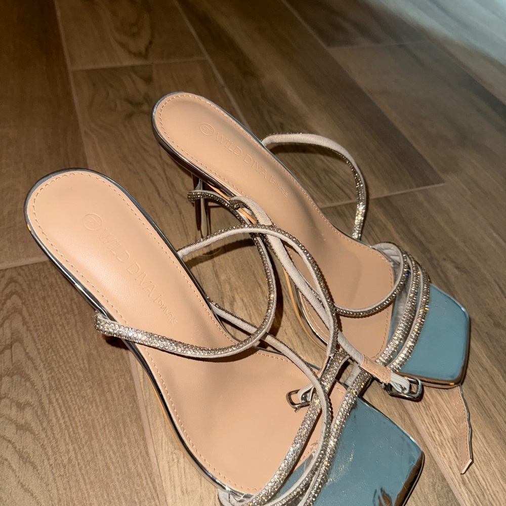 Dune London Silver and Tan Strappy Heels